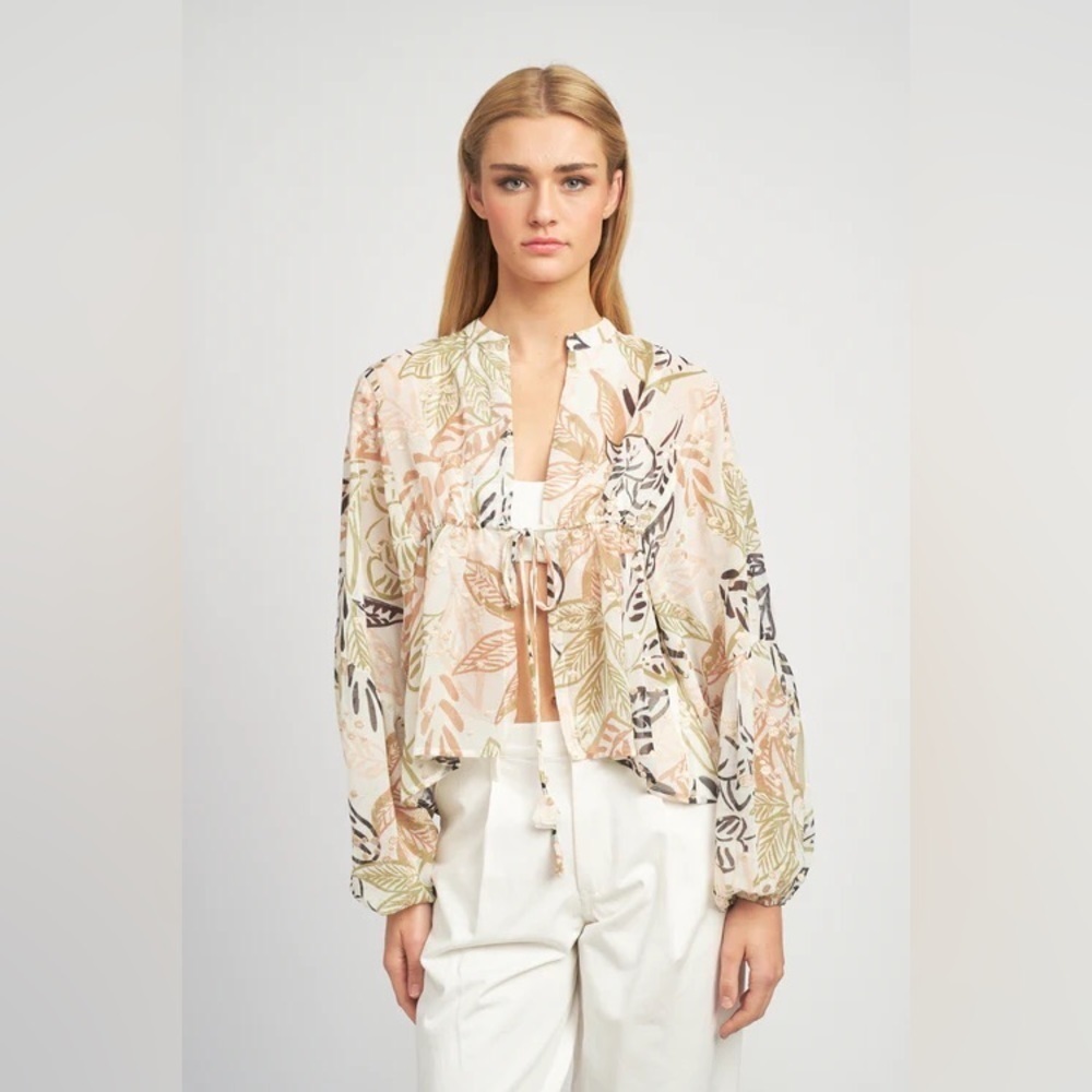 En Saison Nina Tropical Print Tie Closure Long Sleeve Blouse Top Small - Picture 3 of 12